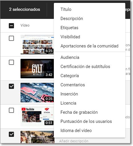 Opciones de edición Youtube Studio