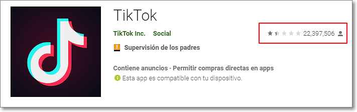 Número de reseñas TikTok en Play Store