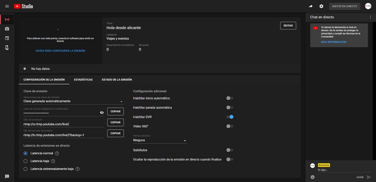 Parámetros técnicos de emisión directo por youtube