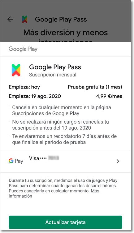 Suscripción Google Play Pass
