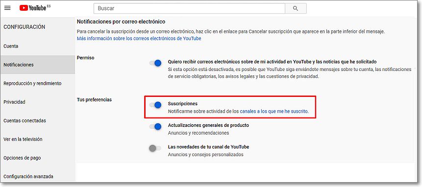 Desactivar suscripciones por email en configuración de Youtube