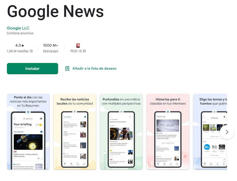 Google News en Google play Store